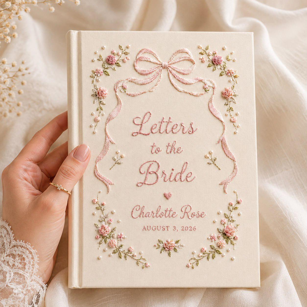 Handmade Embroidered Linen Letters To The Bride Book – Personalized Custom Floral Bridal Shower Album And Wedding Memory Keepsake Gift