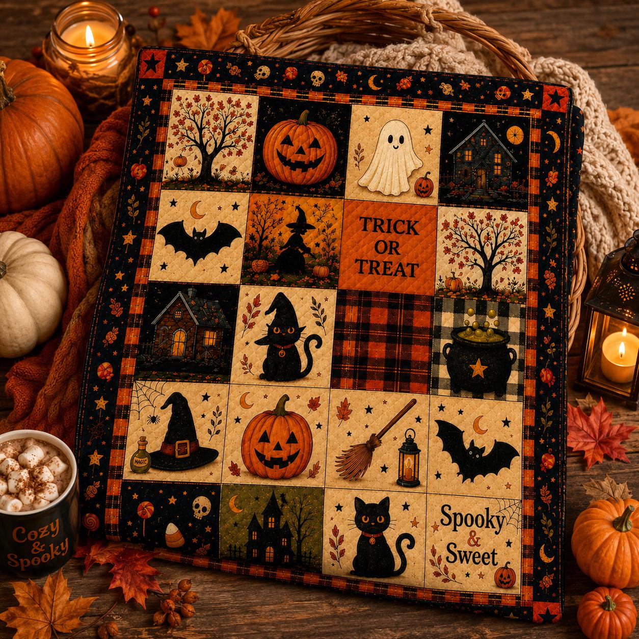Cozy Fall Bedding Vintage Halloween Patchwork Quilt Blanket – Black Cat Ghost Pumpkin Throw for Rustic Farmhouse Autumn Decor Housewarming Gift