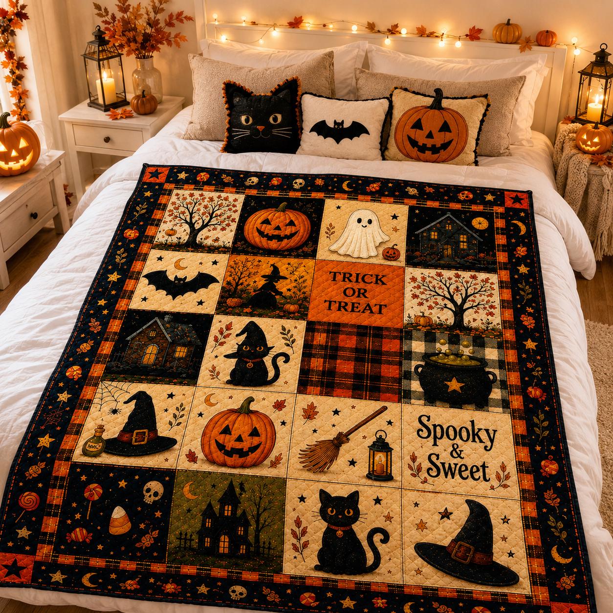 Cozy Fall Bedding Vintage Halloween Patchwork Quilt Blanket – Black Cat Ghost Pumpkin Throw for Rustic Farmhouse Autumn Decor Housewarming Gift - photo 2