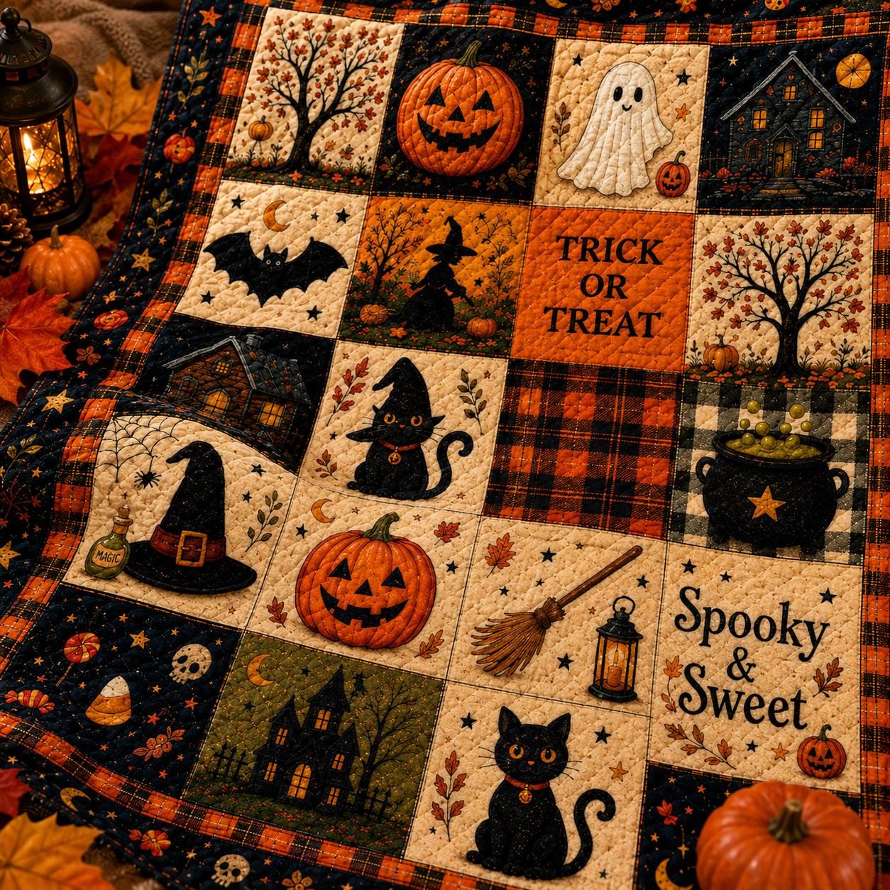 Cozy Fall Bedding Vintage Halloween Patchwork Quilt Blanket – Black Cat Ghost Pumpkin Throw for Rustic Farmhouse Autumn Decor Housewarming Gift - photo 3