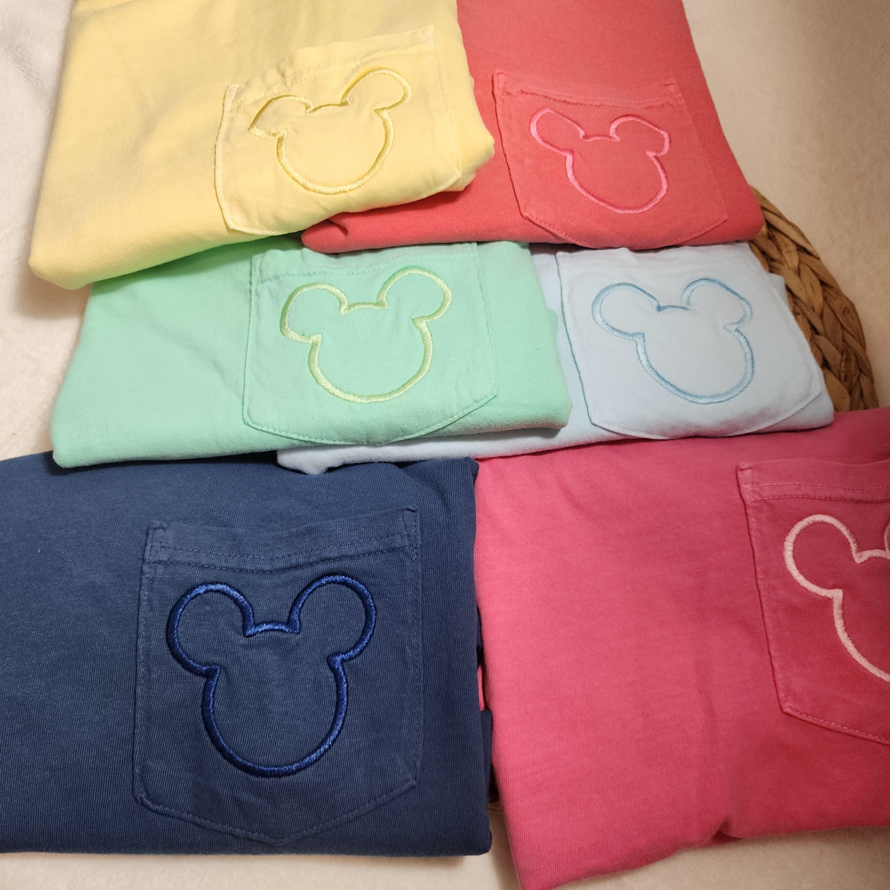 Pocket Mickey Mouse Embroidered Comfort Colors Unisex T-Shirt With Simple Outline for Women and Men on WDW Magic Kingdom Vacation