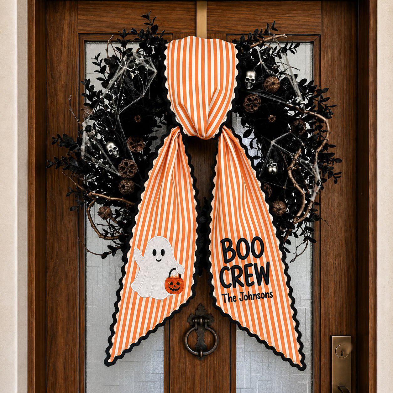 Embroidered Ghost Wreath Door Sash with Trick or Treat Striped Bow – Scalloped Lace Halloween Front Door Decor and Cottagecore Pumpkin Ribbon