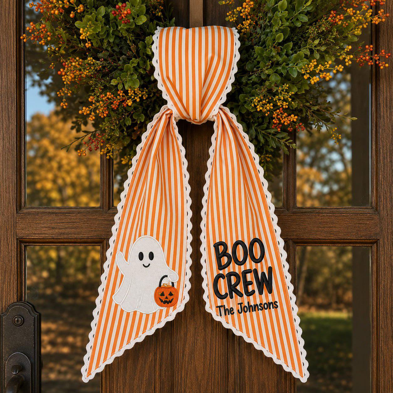 Embroidered Ghost Wreath Door Sash with Trick or Treat Striped Bow – Scalloped Lace Halloween Front Door Decor and Cottagecore Pumpkin Ribbon - photo 2