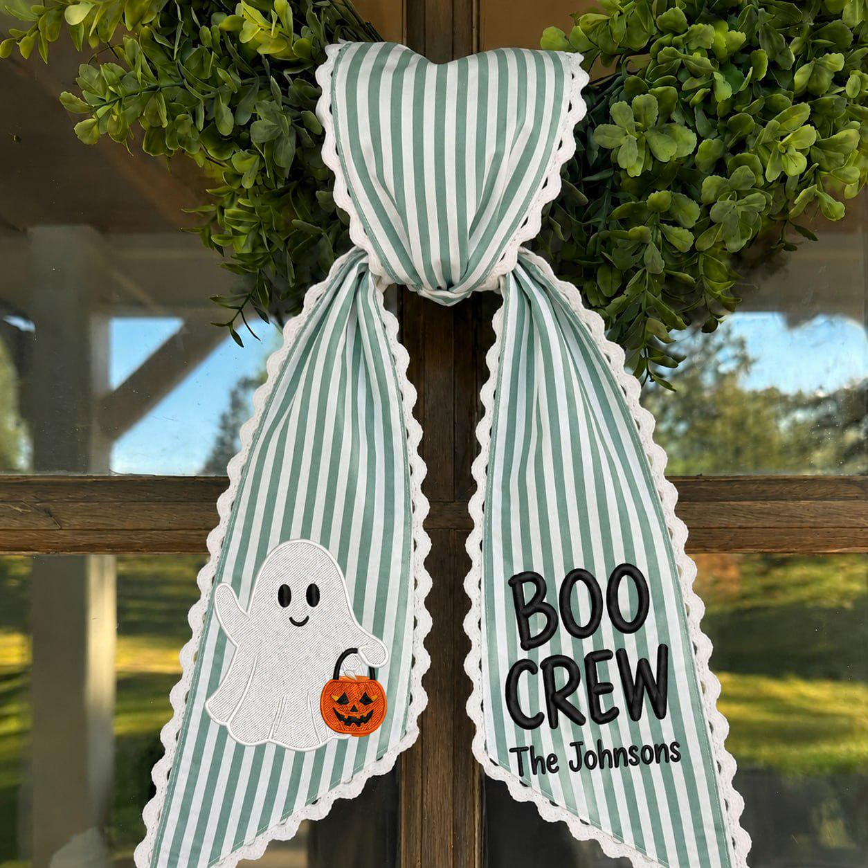 Embroidered Ghost Wreath Door Sash with Trick or Treat Striped Bow – Scalloped Lace Halloween Front Door Decor and Cottagecore Pumpkin Ribbon - photo 3