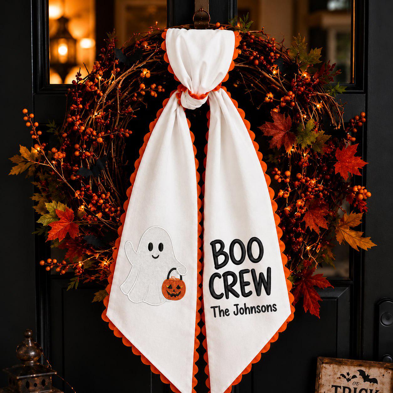 Embroidered Ghost Wreath Door Sash with Trick or Treat Striped Bow – Scalloped Lace Halloween Front Door Decor and Cottagecore Pumpkin Ribbon - photo 4