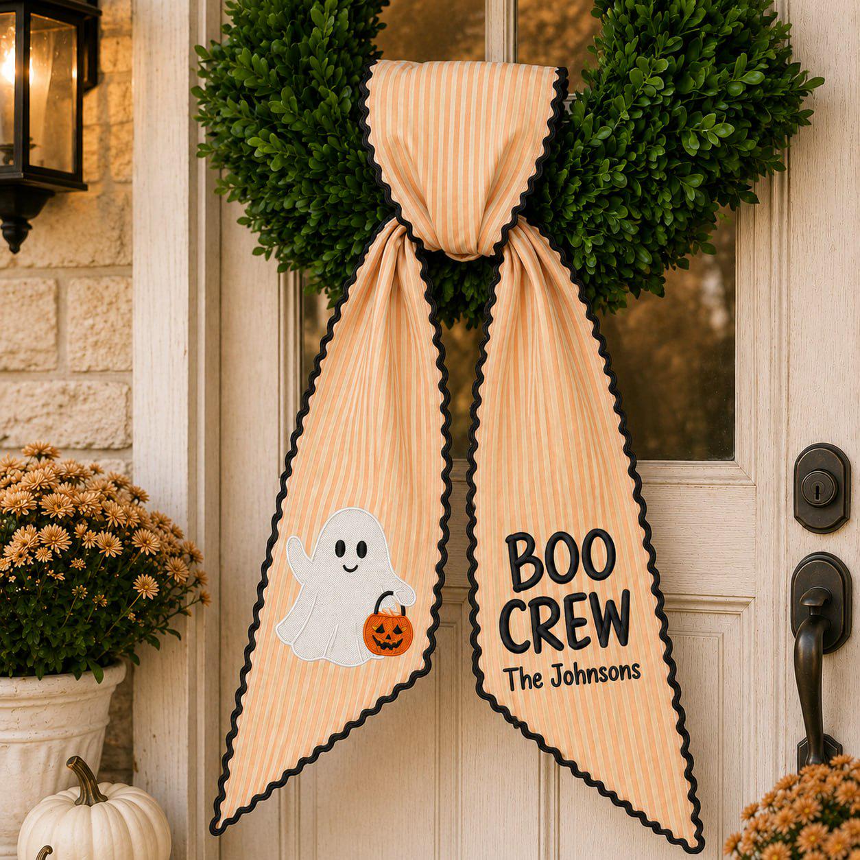 Embroidered Ghost Wreath Door Sash with Trick or Treat Striped Bow – Scalloped Lace Halloween Front Door Decor and Cottagecore Pumpkin Ribbon - photo 7