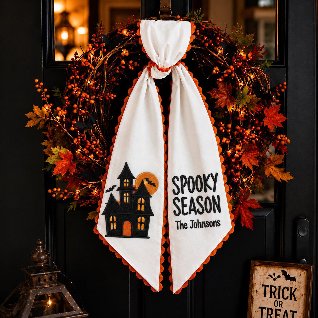 Door Sash For Fall Porch Decor With Embroidered Halloween Ghost Pumpkin Trick Or Treat Bow And Cottagecore Scalloped Lace Wreath Ribbon