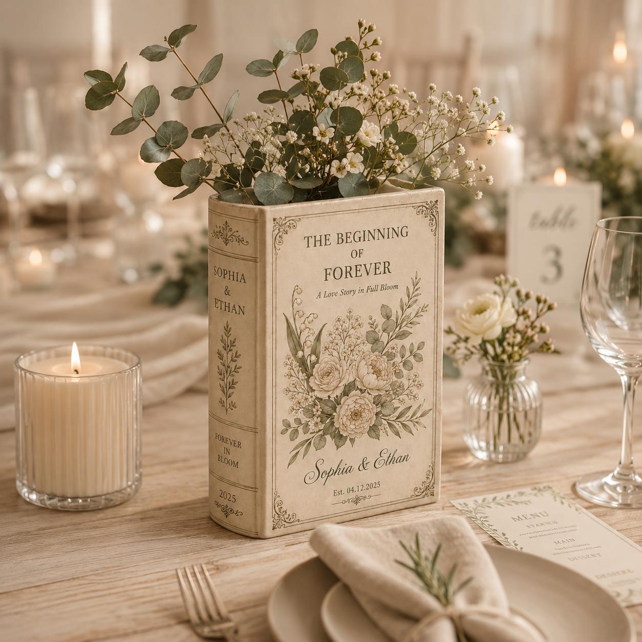 Custom Floral Ceramic Book Shaped Vase – Personalized Newlywed Wedding Gift For Couple And Engagement Party