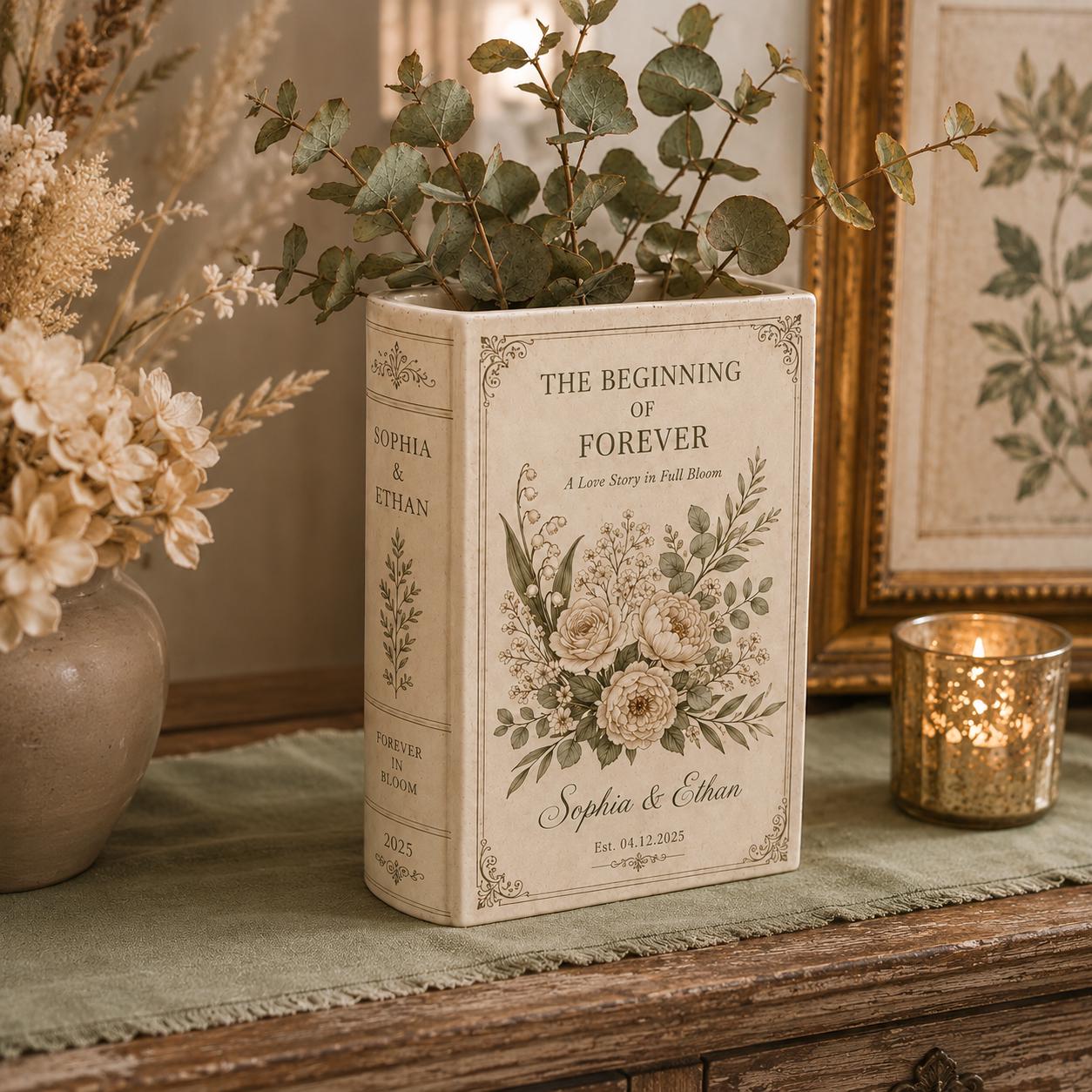 Custom Floral Ceramic Book Shaped Vase – Personalized Newlywed Wedding Gift For Couple And Engagement Party - photo 2