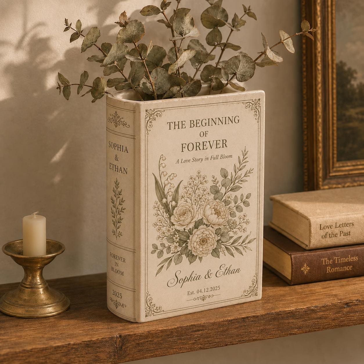 Custom Floral Ceramic Book Shaped Vase – Personalized Newlywed Wedding Gift For Couple And Engagement Party - photo 3