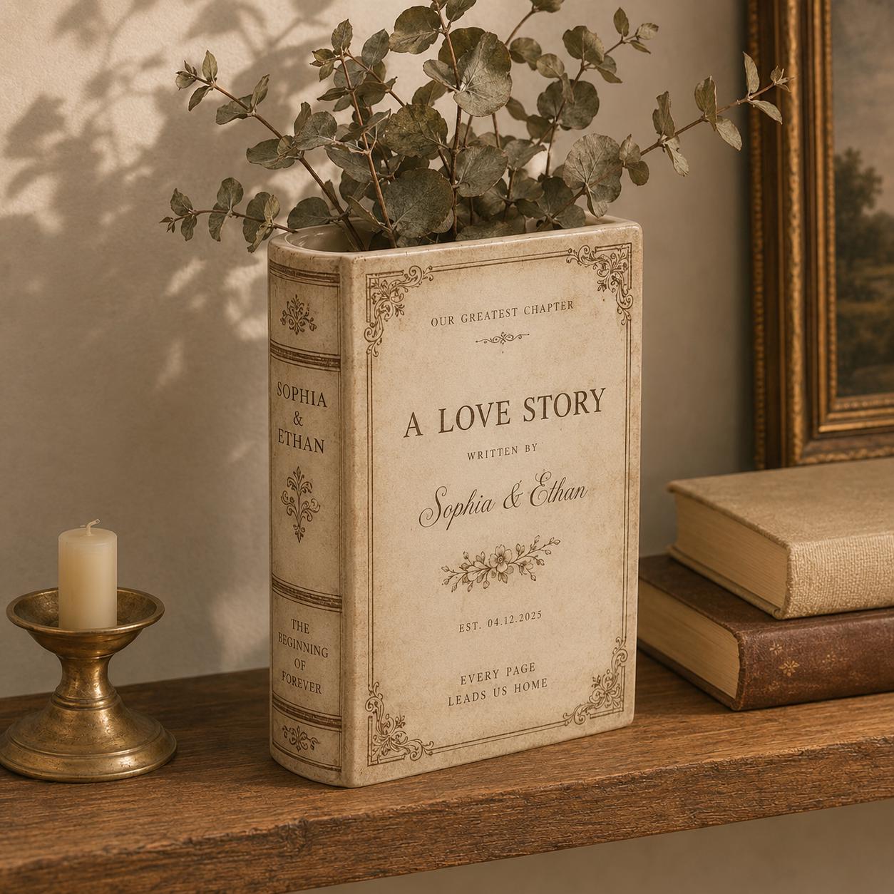 Personalized A Love Story Custom Ceramic Floral Book Vase – Wedding Gift For Couple, Engagement Present And Bridal Decor