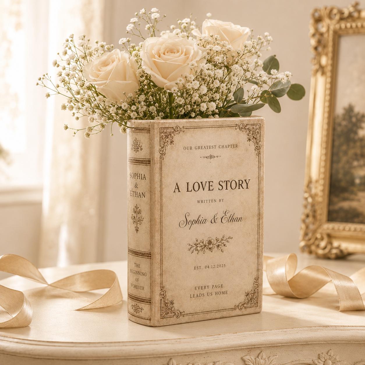 Personalized A Love Story Custom Ceramic Floral Book Vase – Wedding Gift For Couple, Engagement Present And Bridal Decor - photo 3