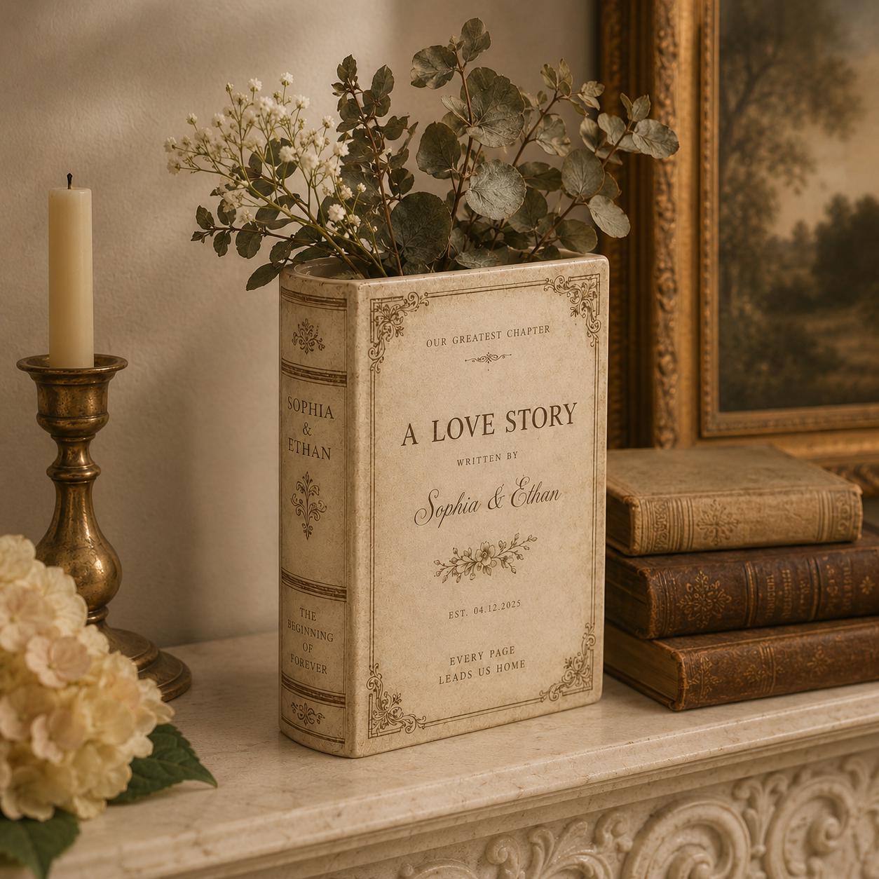 Personalized A Love Story Custom Ceramic Floral Book Vase – Wedding Gift For Couple, Engagement Present And Bridal Decor - photo 6