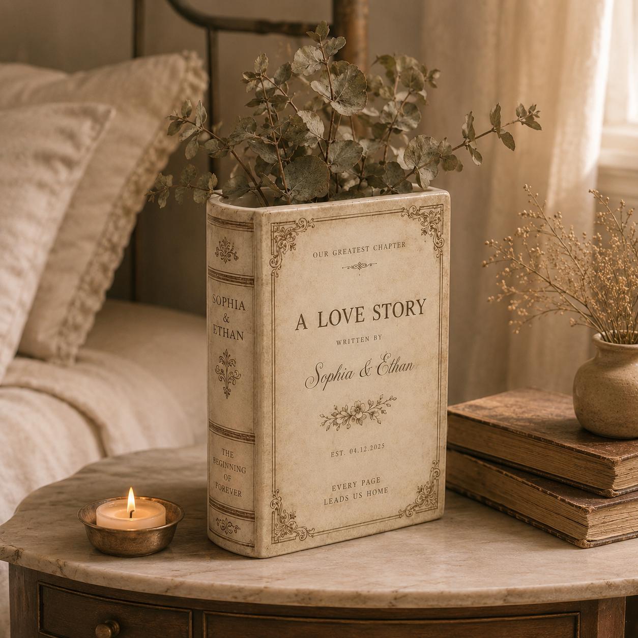 Personalized A Love Story Custom Ceramic Floral Book Vase – Wedding Gift For Couple, Engagement Present And Bridal Decor - photo 7