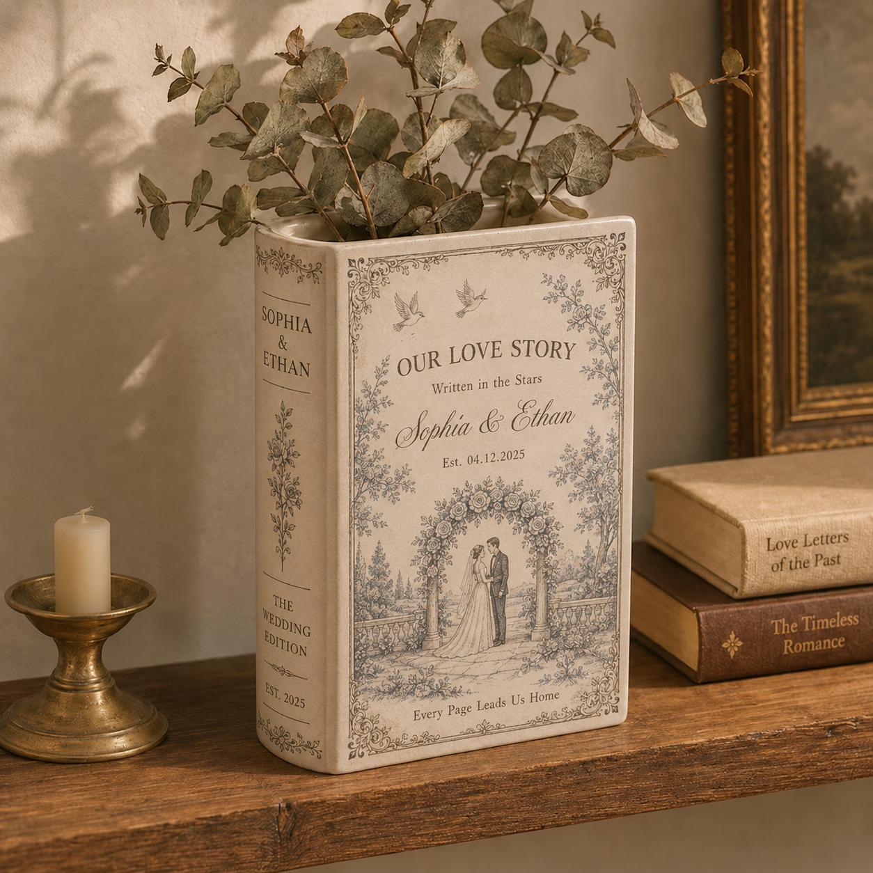 Personalized Our Love Story Custom Ceramic Book Vase – Wedding Gift For Couple, Engagement Present And Bridal Decor
