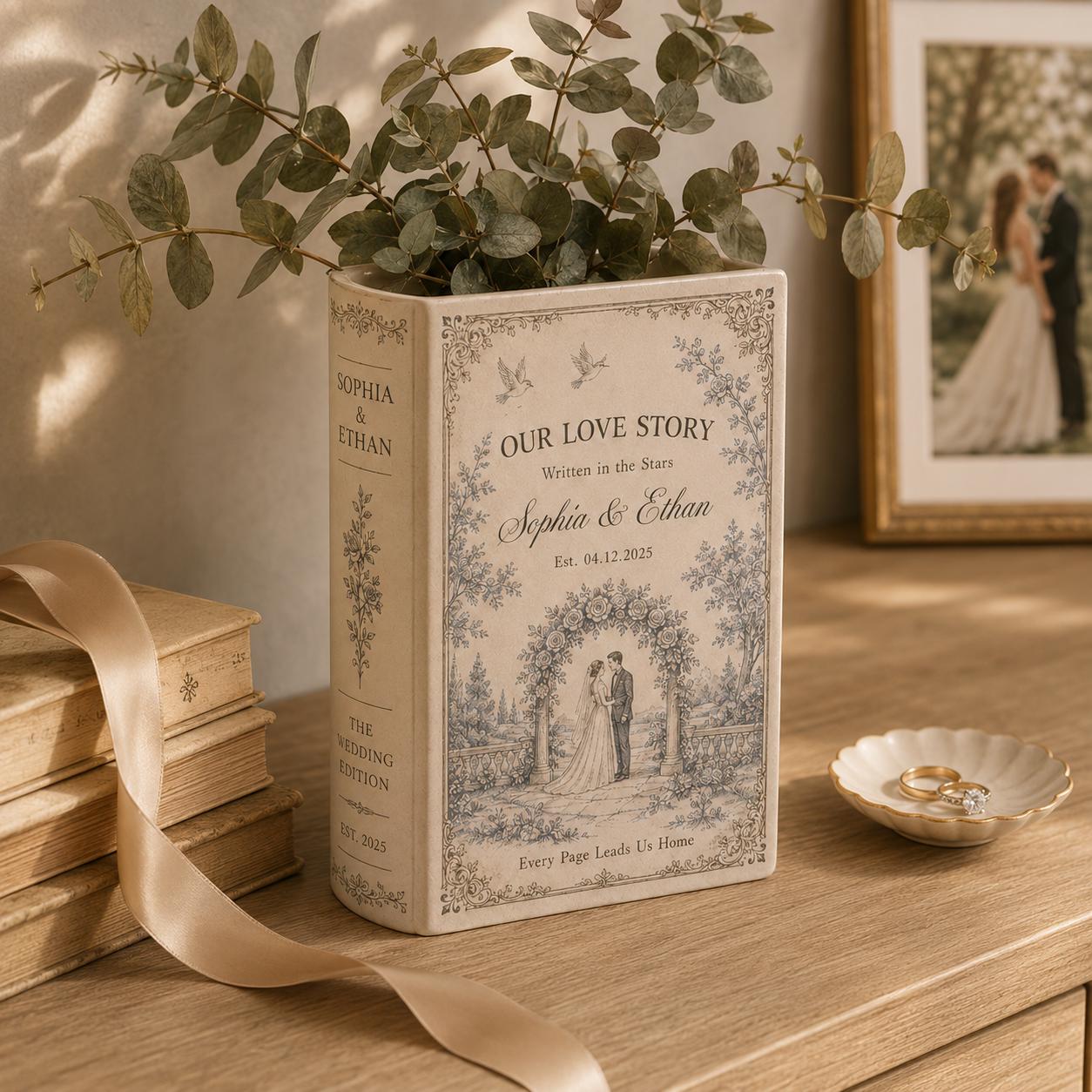 Personalized Our Love Story Custom Ceramic Book Vase – Wedding Gift For Couple, Engagement Present And Bridal Decor - photo 3
