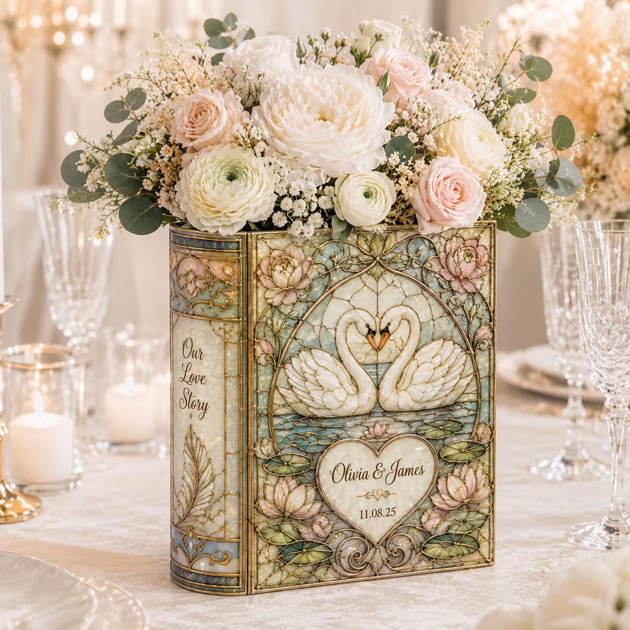 Custom Stained Glass Swan Personalized Ceramic Book Vase – Couple Wedding Gift, Bridal Shower Keepsake And Anniversary Decor - photo 6