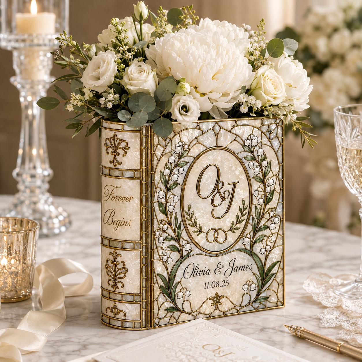 Personalized Stained Glass Ceramic Lily Of The Valley Book Vase – Custom Bride Groom Wedding Gift, Engagement Present And Floral Keepsake