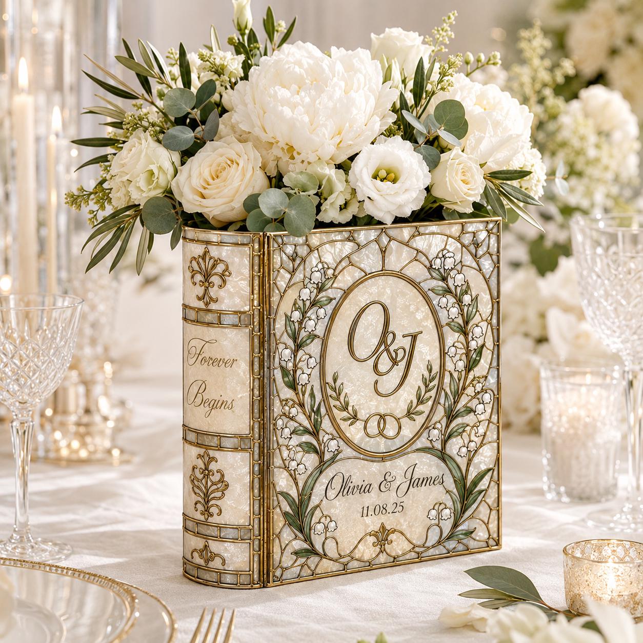 Personalized Stained Glass Ceramic Lily Of The Valley Book Vase – Custom Bride Groom Wedding Gift, Engagement Present And Floral Keepsake - photo 2