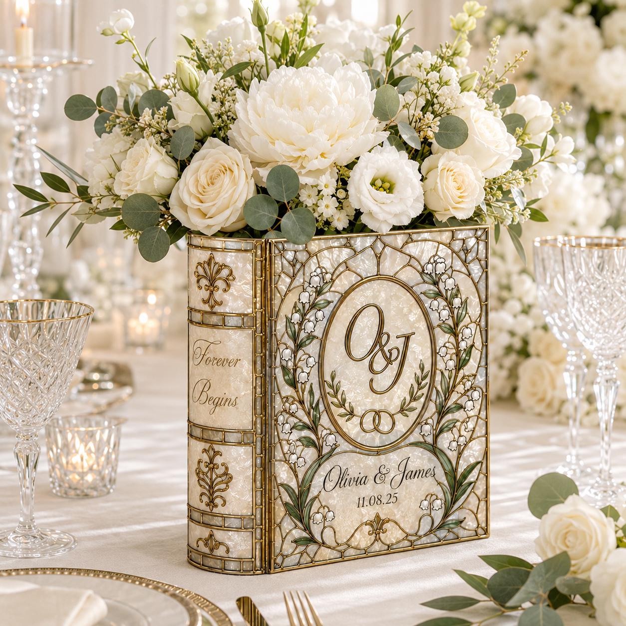 Personalized Stained Glass Ceramic Lily Of The Valley Book Vase – Custom Bride Groom Wedding Gift, Engagement Present And Floral Keepsake - photo 6