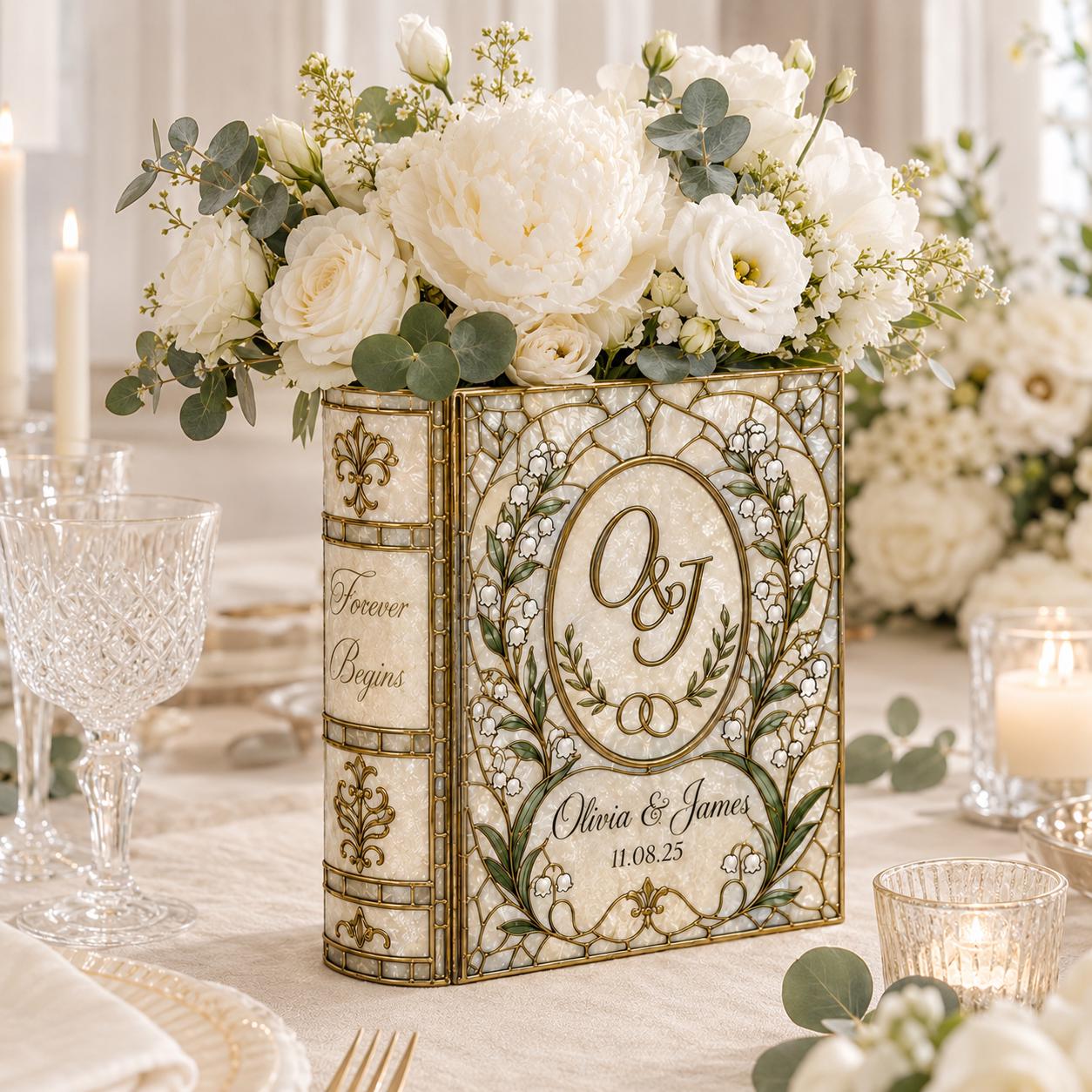 Personalized Stained Glass Ceramic Lily Of The Valley Book Vase – Custom Bride Groom Wedding Gift, Engagement Present And Floral Keepsake - photo 7