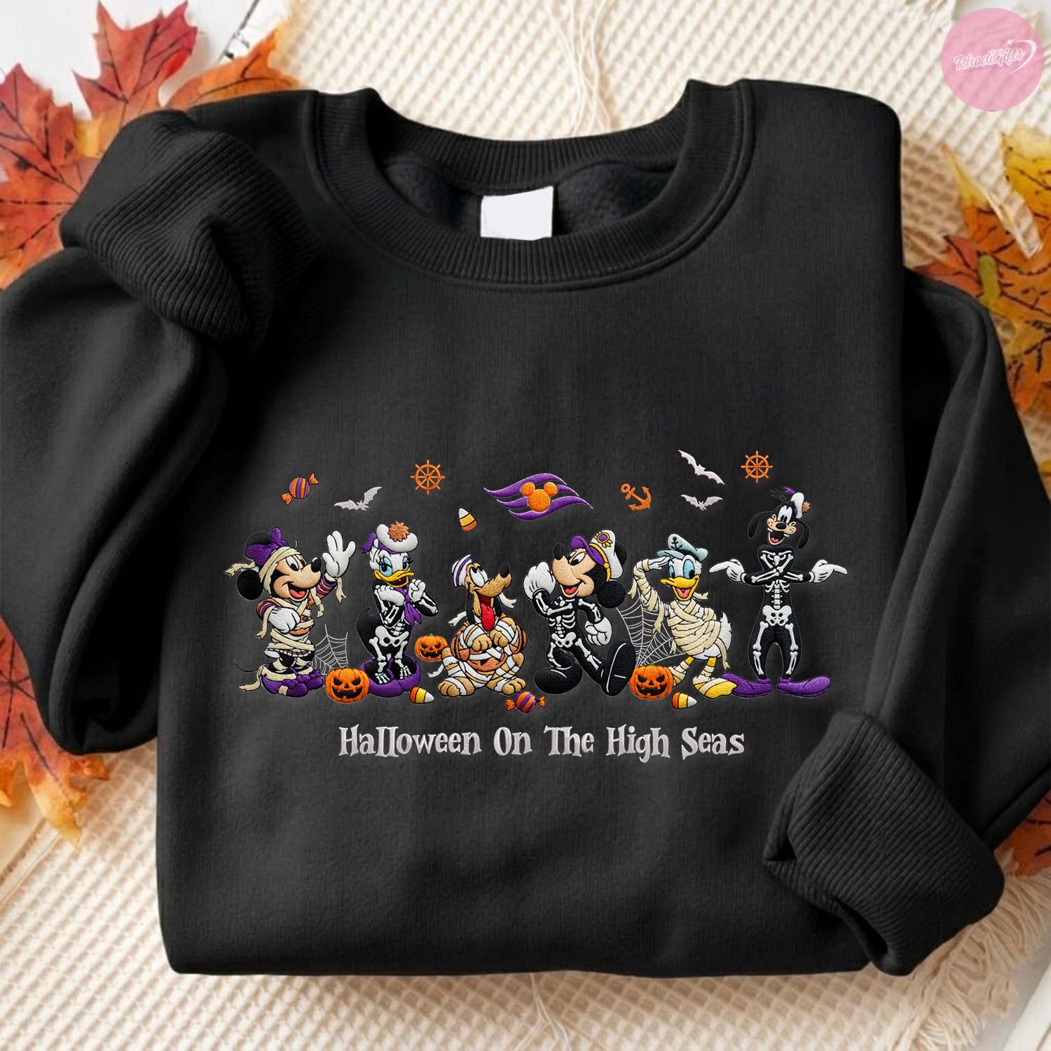 Embroidered Halloween on the High Seas T-Shirt Hoodie Sweatshirt With Mickey and Friends for Family Cruise Trip Tee - photo 3