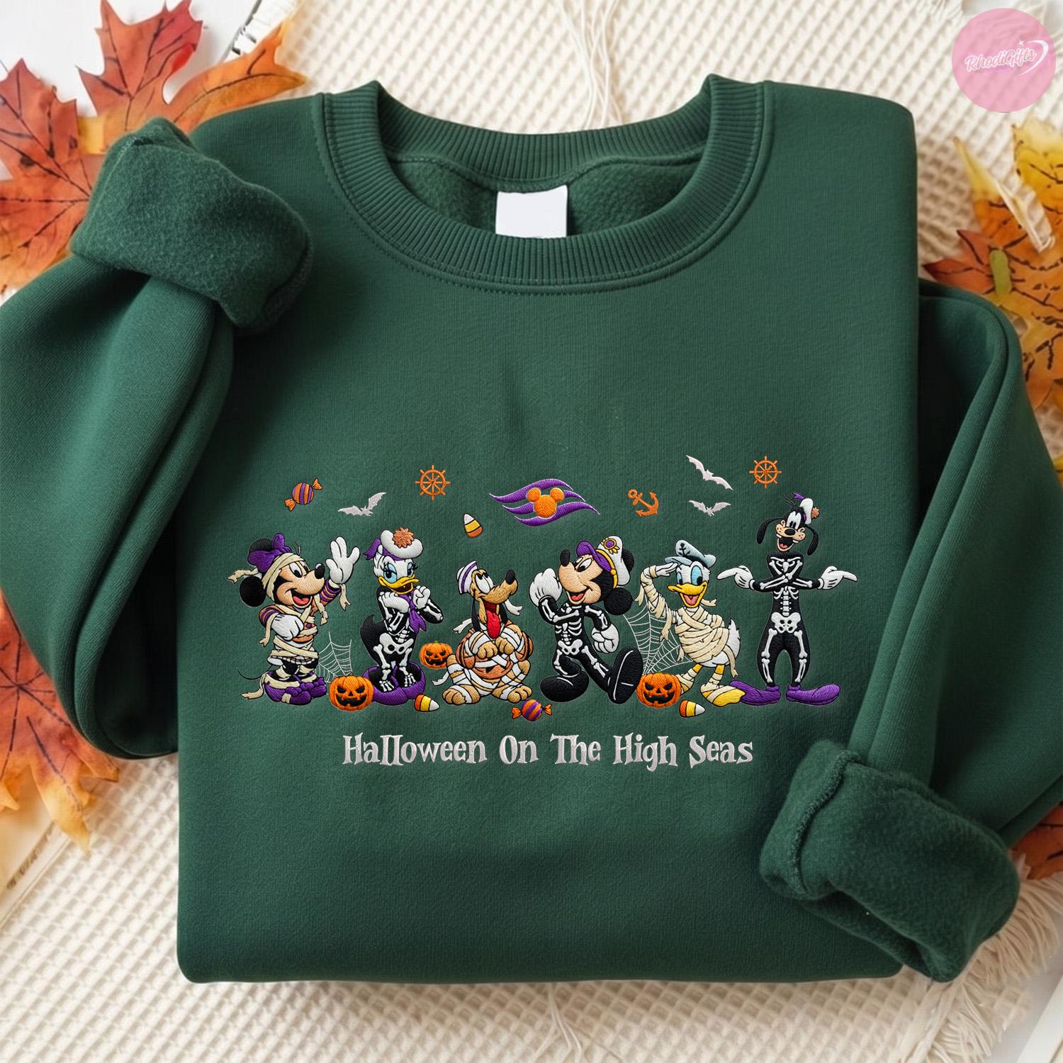 Embroidered Halloween on the High Seas T-Shirt Hoodie Sweatshirt With Mickey and Friends for Family Cruise Trip Tee - photo 4