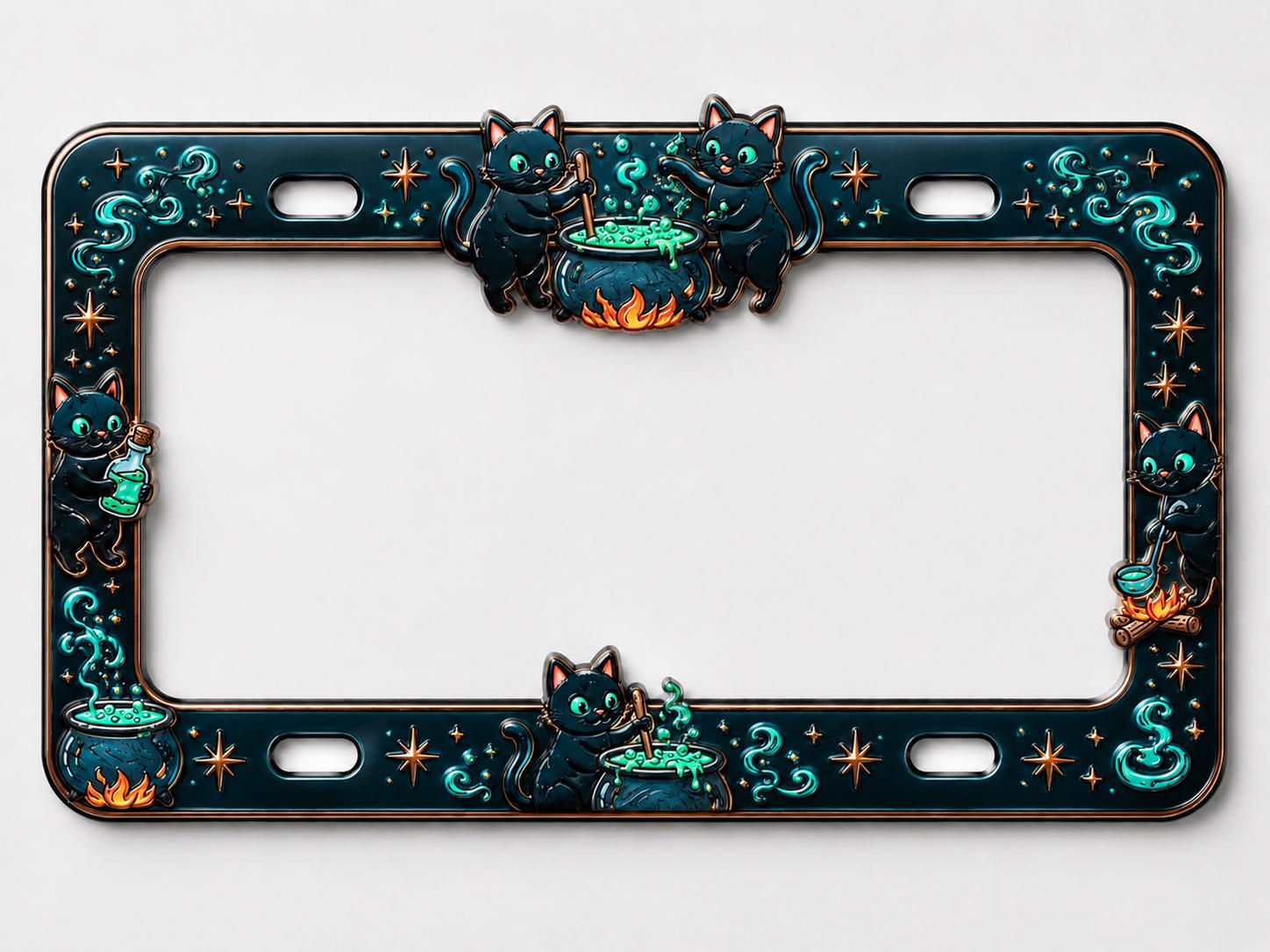Spooky Halloween License Plate Frame for Auto – Witchy Potion, Black Cat and Pumpkin Car Tag Frame Decor Accessory Gift
