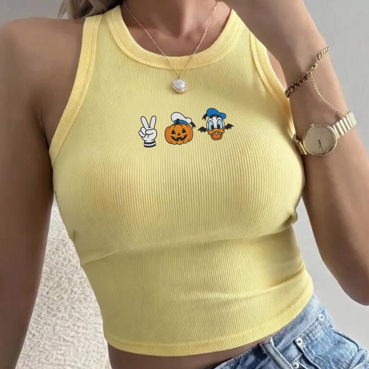 Embroidered Vintage Disney Donald Duck Halloween Baby Tee Tank Top – Pumpkin Peace Sign Spooky Cute Crop Tank For Disneyland Trip 2026