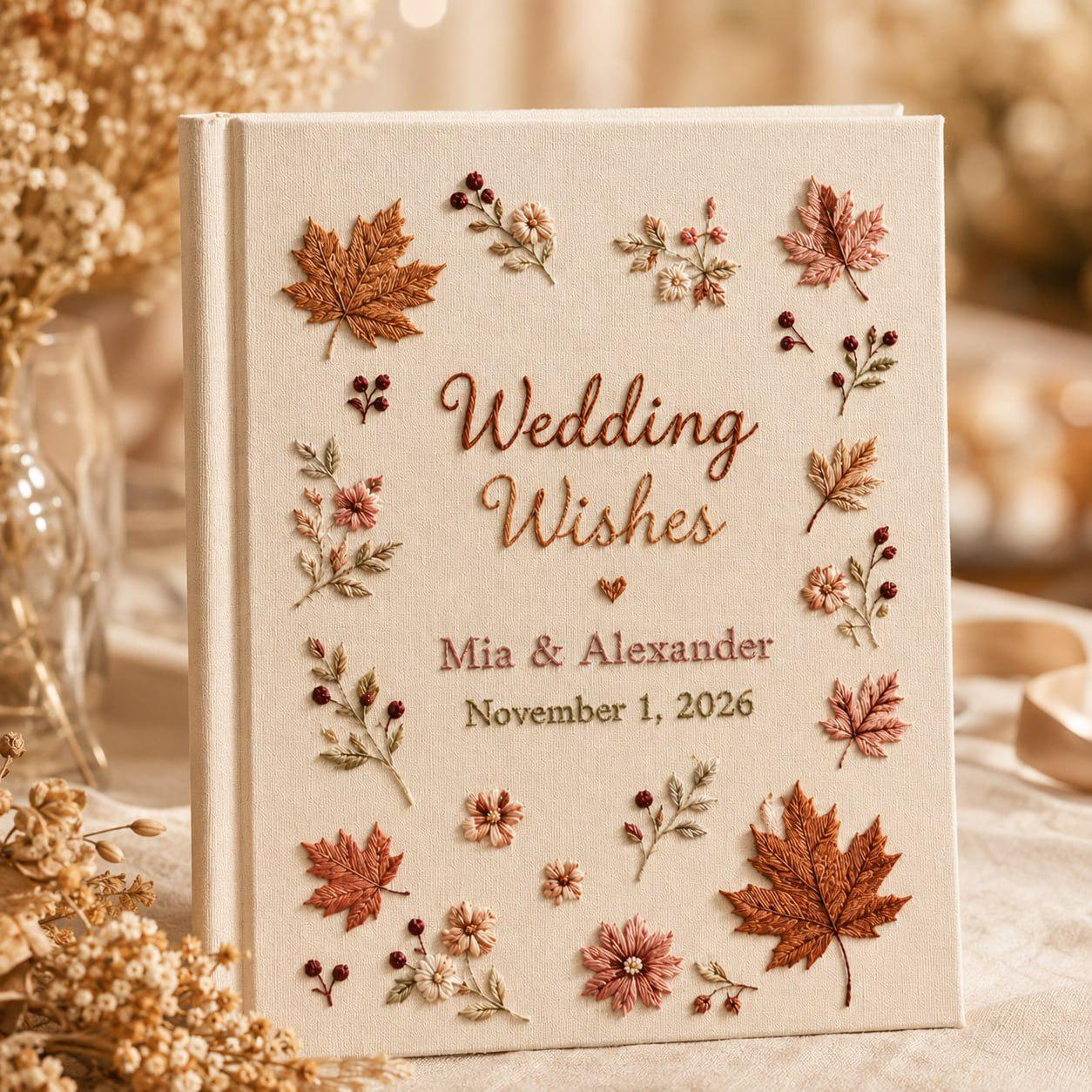 Handmade Embroidered Wedding Guest Book And Personalized Linen Photo Album, Autumn Leaves Guestbook, Custom Wishes Book