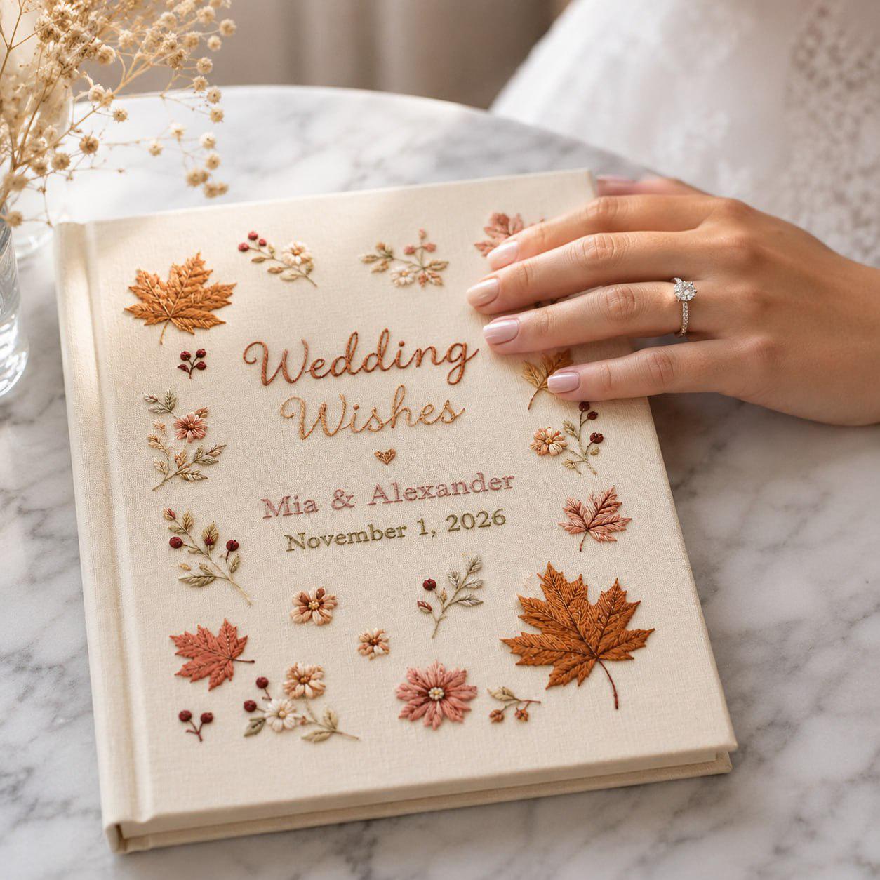 Handmade Embroidered Wedding Guest Book And Personalized Linen Photo Album, Autumn Leaves Guestbook, Custom Wishes Book - photo 2