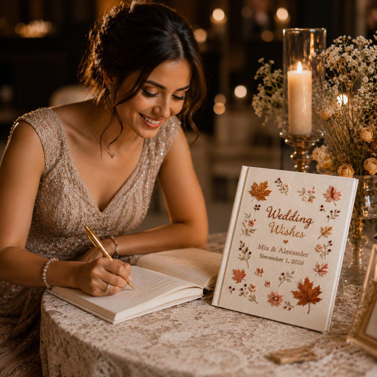Handmade Embroidered Wedding Guest Book And Personalized Linen Photo Album, Autumn Leaves Guestbook, Custom Wishes Book - photo 3