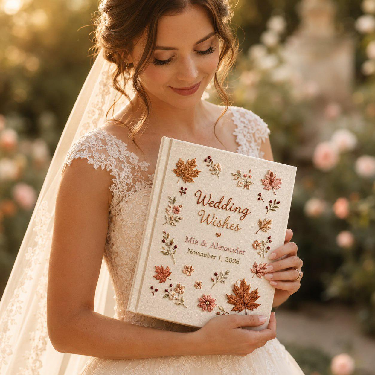 Handmade Embroidered Wedding Guest Book And Personalized Linen Photo Album, Autumn Leaves Guestbook, Custom Wishes Book - photo 7