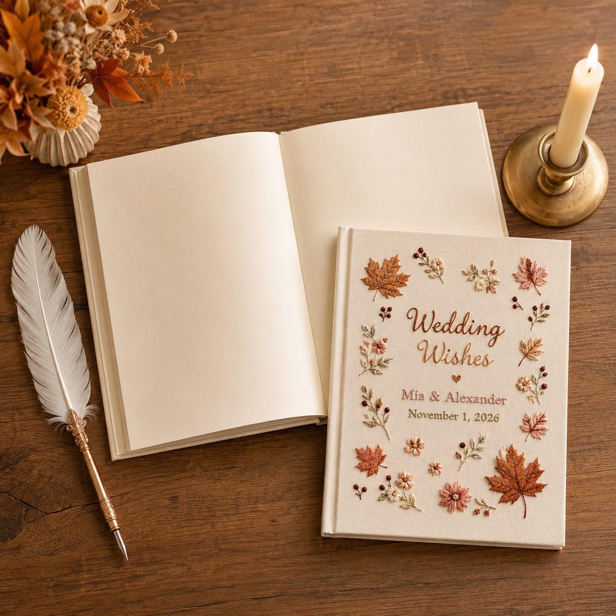 Handmade Embroidered Wedding Guest Book And Personalized Linen Photo Album, Autumn Leaves Guestbook, Custom Wishes Book - photo 8