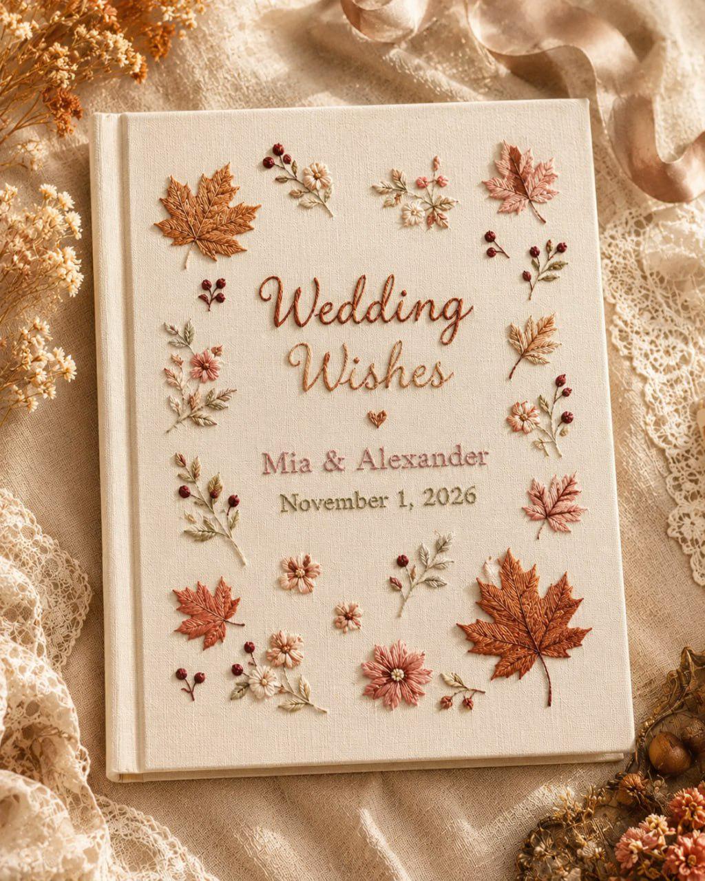 Handmade Embroidered Wedding Guest Book And Personalized Linen Photo Album, Autumn Leaves Guestbook, Custom Wishes Book - photo 9