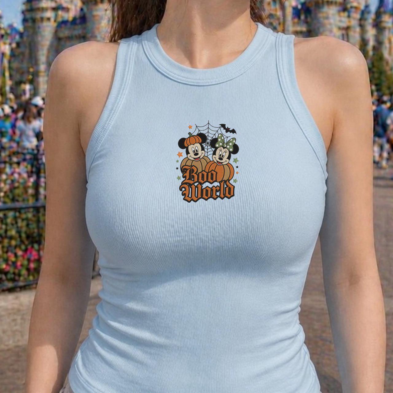 Embroidered Vintage Disney Mickey Minnie Halloween Baby Tee Tank Top – Boo World Spooky Cute Crop Tank For Disneyland Trip 2026 Shirt