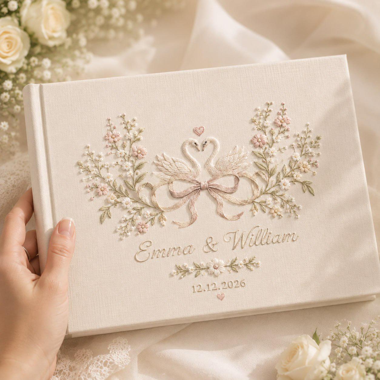 Personalized Embroidered Wedding Guest Book And Custom Linen Guestbook, Swan Floral Album, Romantic Garden Keepsake Gift For Couples