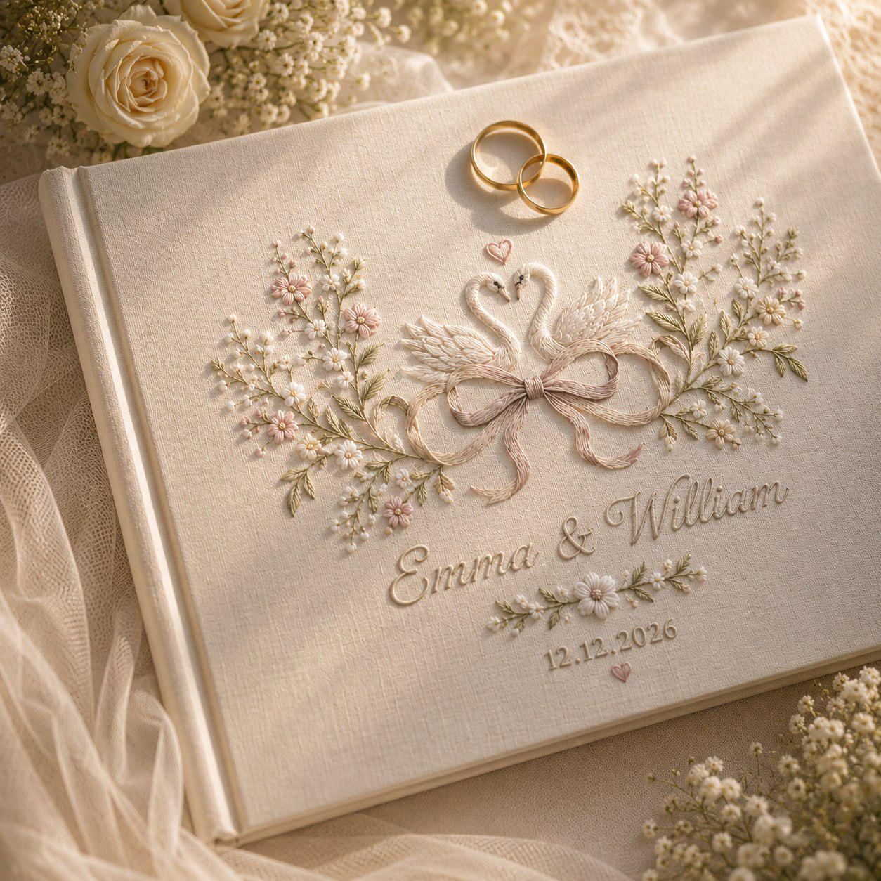Personalized Embroidered Wedding Guest Book And Custom Linen Guestbook, Swan Floral Album, Romantic Garden Keepsake Gift For Couples - photo 2