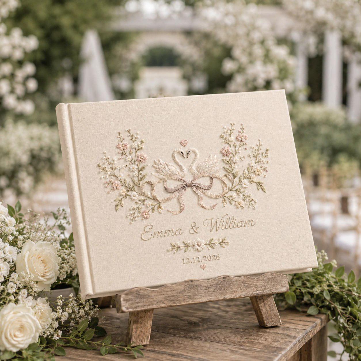 Personalized Embroidered Wedding Guest Book And Custom Linen Guestbook, Swan Floral Album, Romantic Garden Keepsake Gift For Couples - photo 3