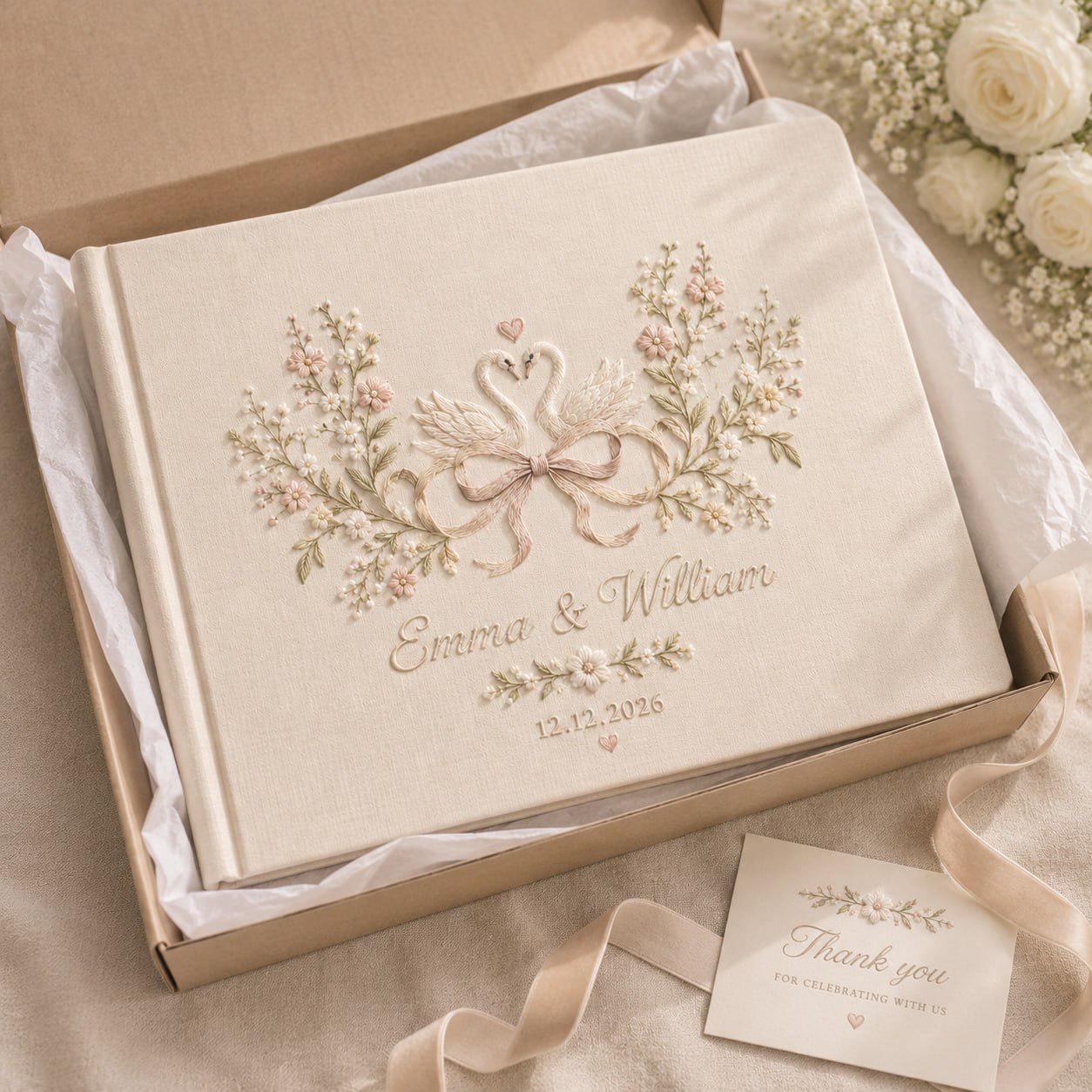 Personalized Embroidered Wedding Guest Book And Custom Linen Guestbook, Swan Floral Album, Romantic Garden Keepsake Gift For Couples - photo 7