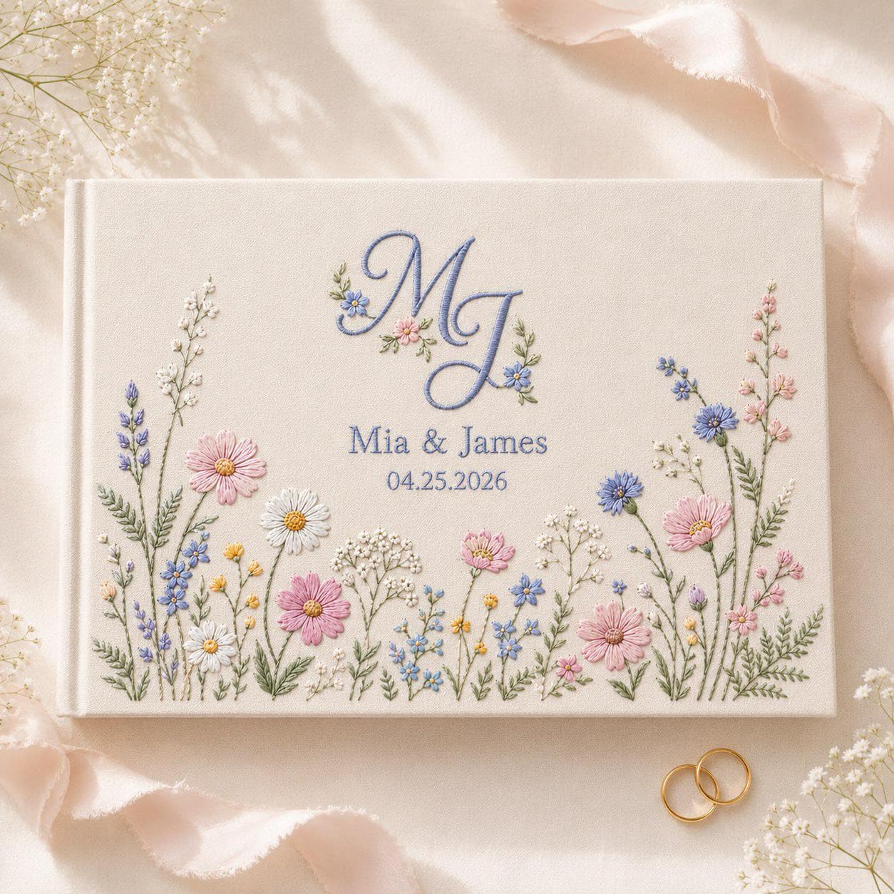 Personalized Embroidered Linen Wedding Guest Book – Custom Blue Wildflower Monogram Photo Album Guestbook