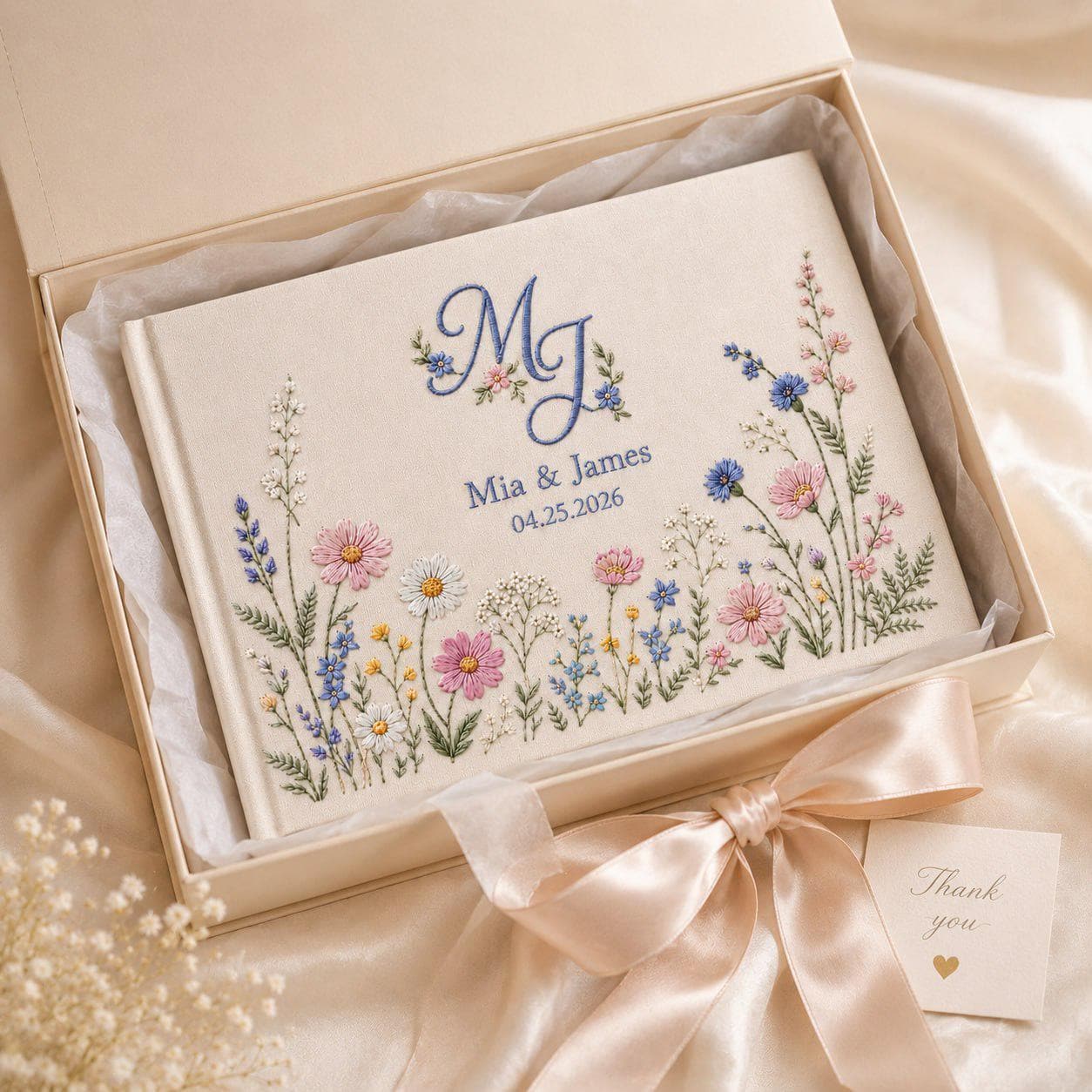 Personalized Embroidered Linen Wedding Guest Book – Custom Blue Wildflower Monogram Photo Album Guestbook - photo 2