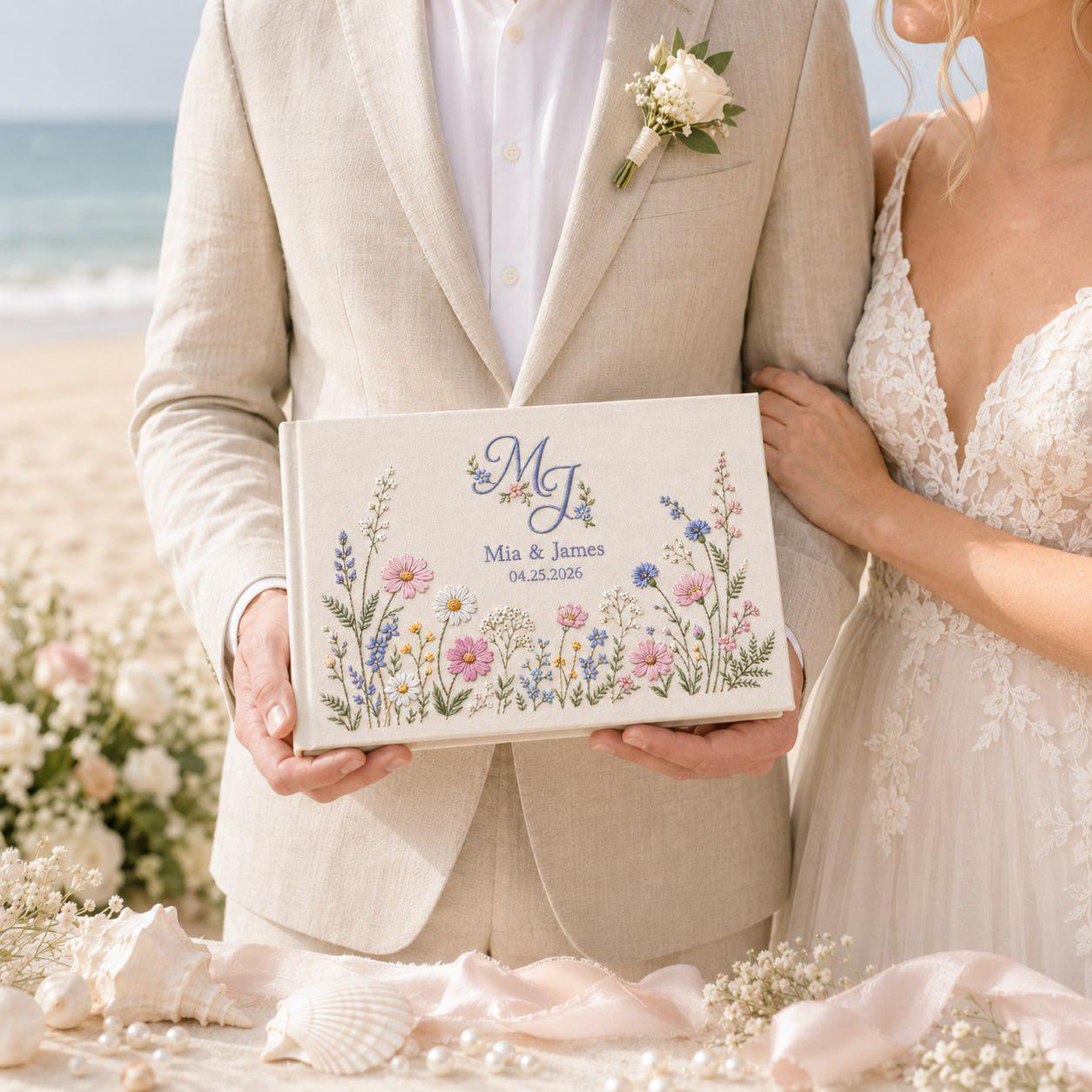 Personalized Embroidered Linen Wedding Guest Book – Custom Blue Wildflower Monogram Photo Album Guestbook - photo 3