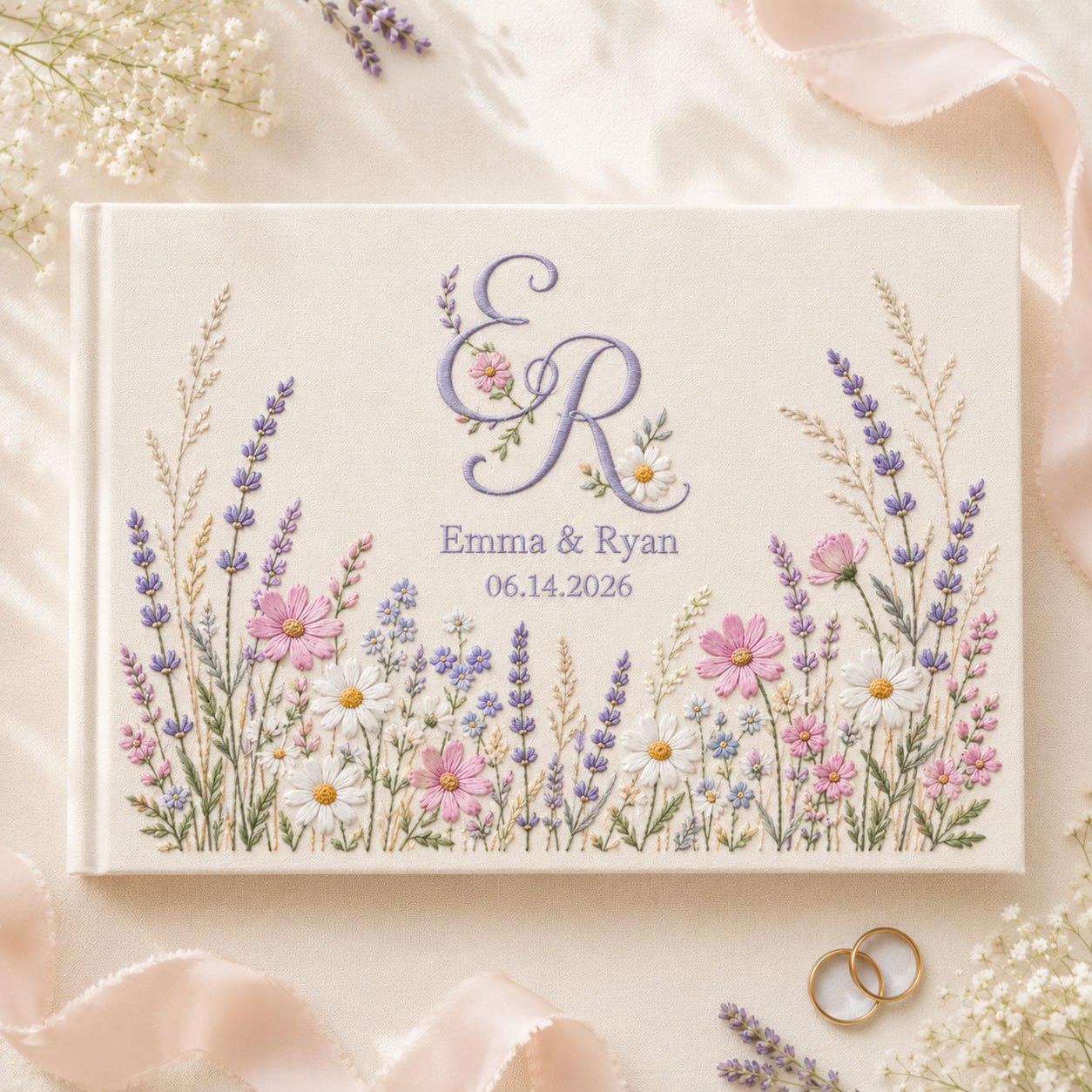 Personalized Embroidered Floral Linen Wedding Guest Book – Lavender Monogram Guestbook Album