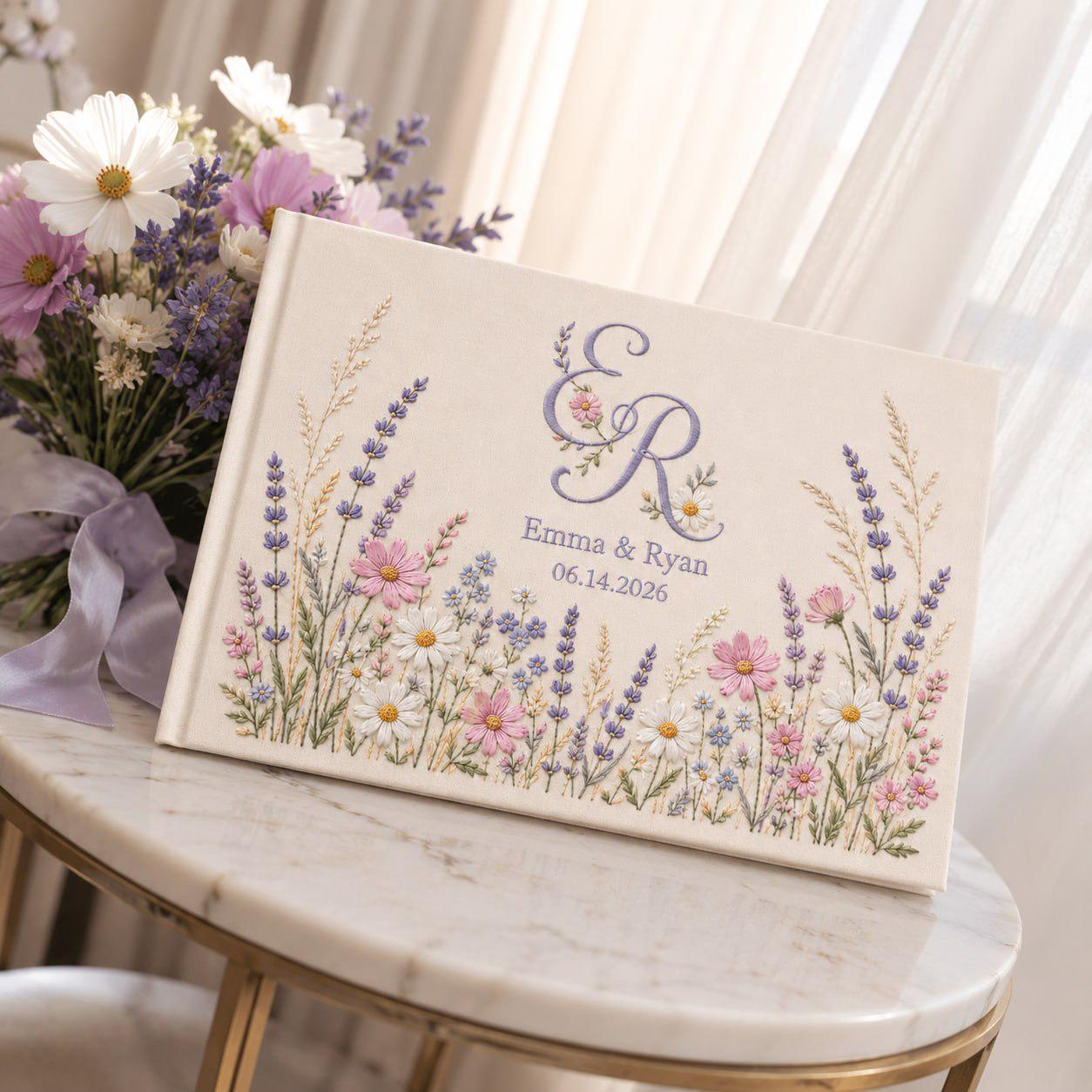 Personalized Embroidered Floral Linen Wedding Guest Book – Lavender Monogram Guestbook Album - photo 2