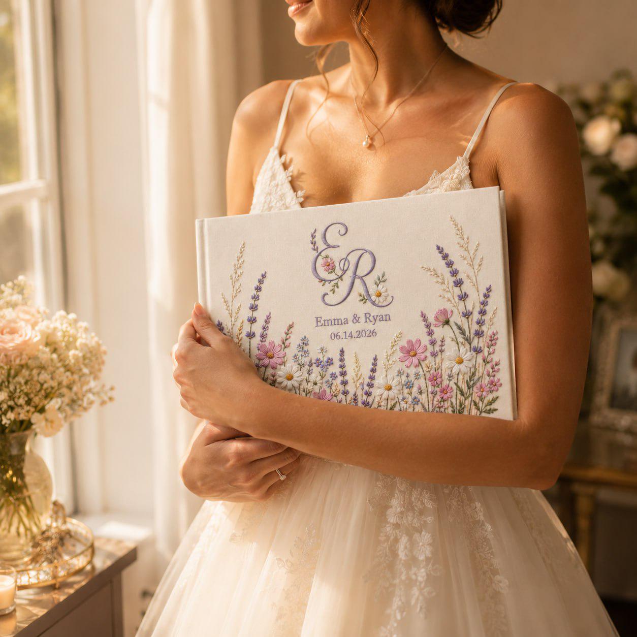 Personalized Embroidered Floral Linen Wedding Guest Book – Lavender Monogram Guestbook Album - photo 6