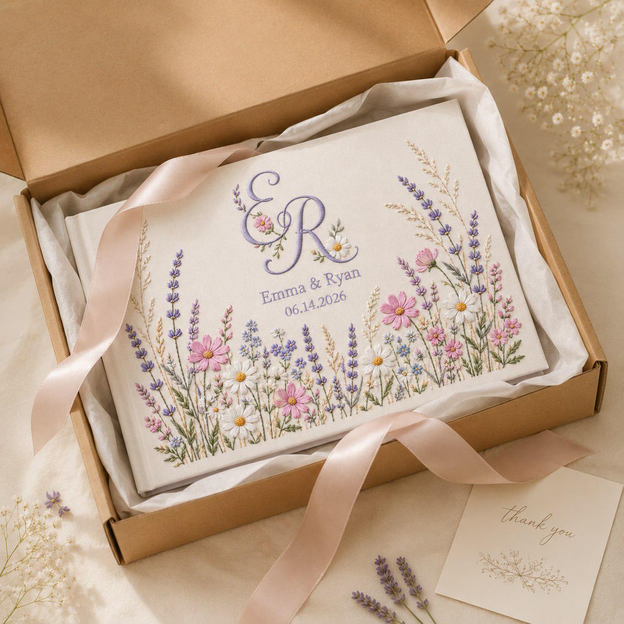 Personalized Embroidered Floral Linen Wedding Guest Book – Lavender Monogram Guestbook Album - photo 7