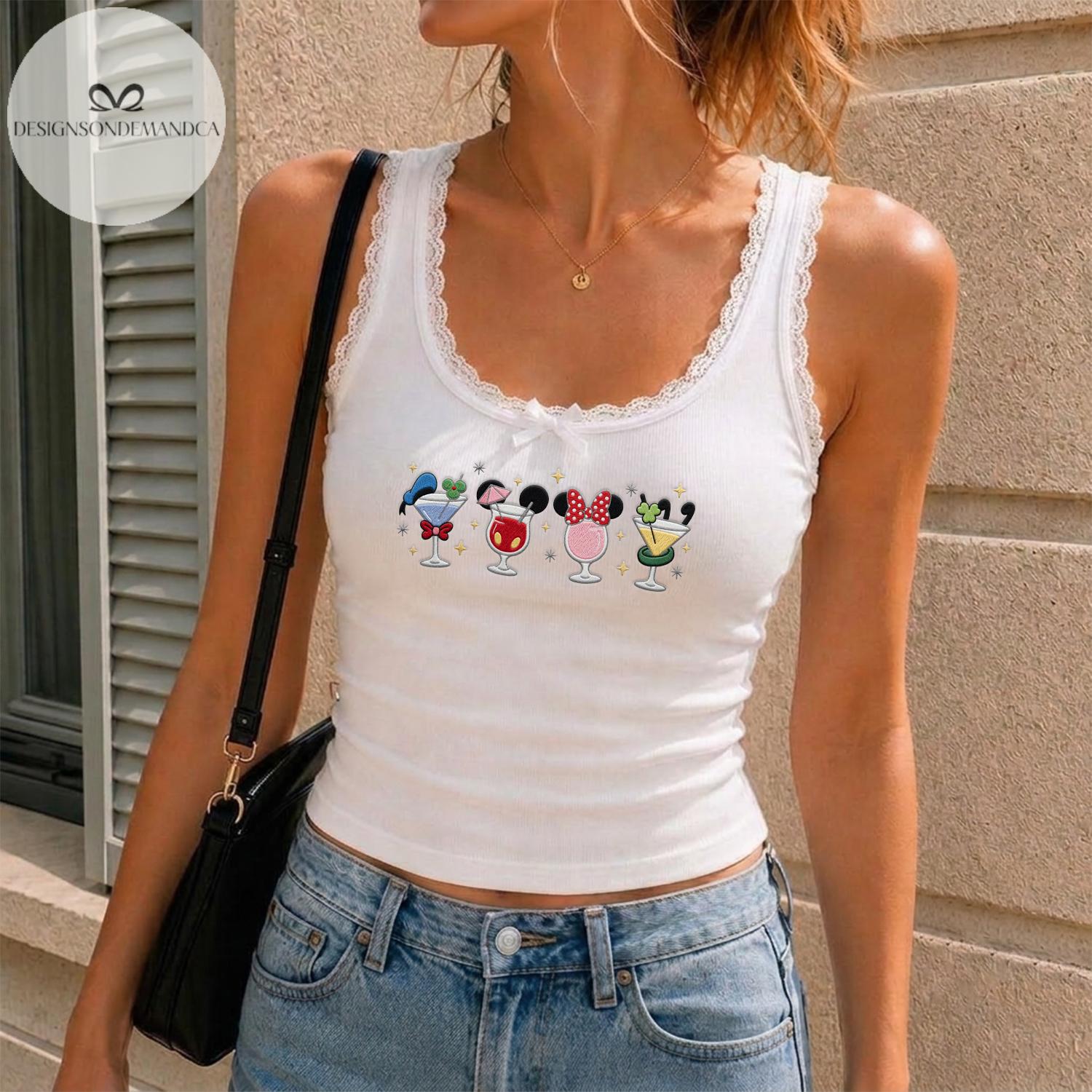Embroidered Mickey and Friends Drinking Shirt With Epcot Drinking Team Lace Trim Tank Top Baby Tee for WDW Disneyland Trip - photo 2
