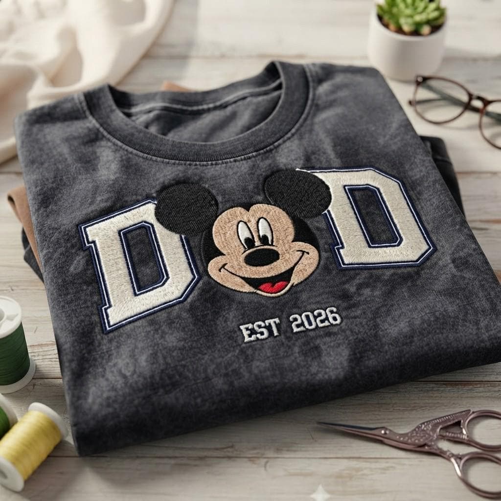 Embroidered Disney Mickey Mouse Dad Est 2026 Wash Tee for Father and Disneyland Vacation Retro Disney Park Outfit