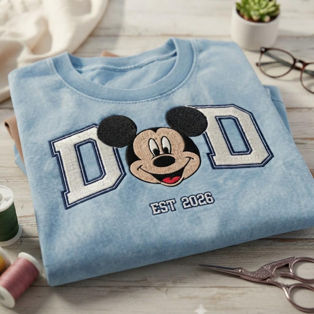 Embroidered Disney Mickey Mouse Dad Est 2026 Wash Tee for Father and Disneyland Vacation Retro Disney Park Outfit - photo 2